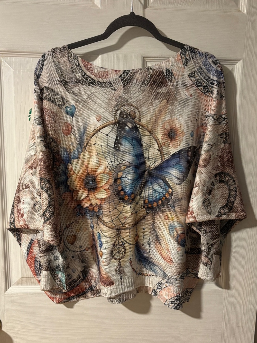 Boho Butterfly Print 100% Cotton Knit Top in Blue and Cream OS
